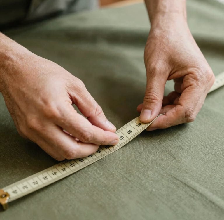 Close-up of artisan hands carefully measuring a soft olive green fabric with a classic tailor tape, warm natural light, shallow depth of field, detailed texture of the textile.