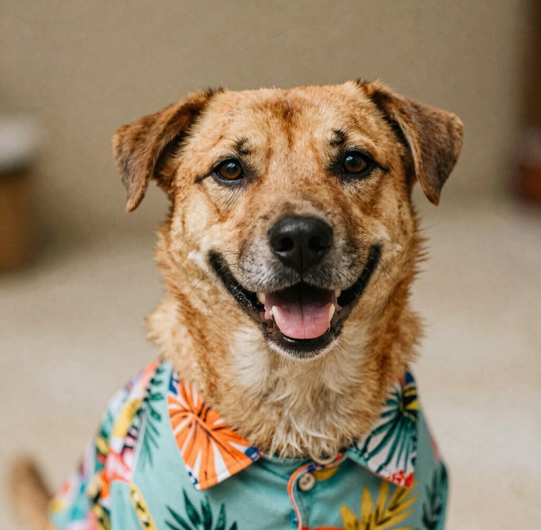 A close-up eye-level portrait of a happy dog wearing a colorful, stylish tropical shirt, soft warm natural daylight, rich earthy tones, 35mm photography