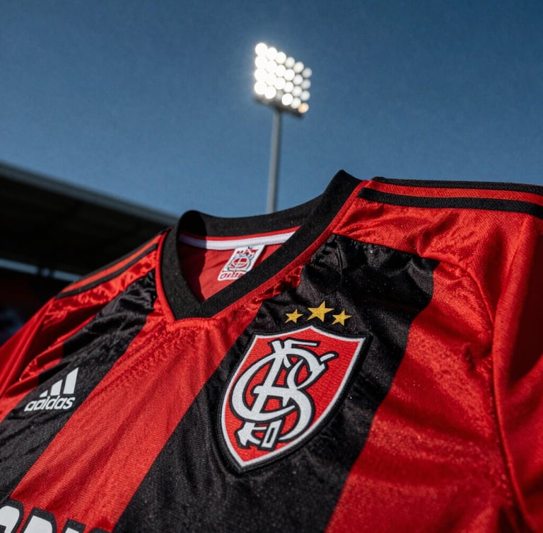 Tight shot of a red and black football jersey with the club crest, stadium floodlight setting, dramatic high contrast