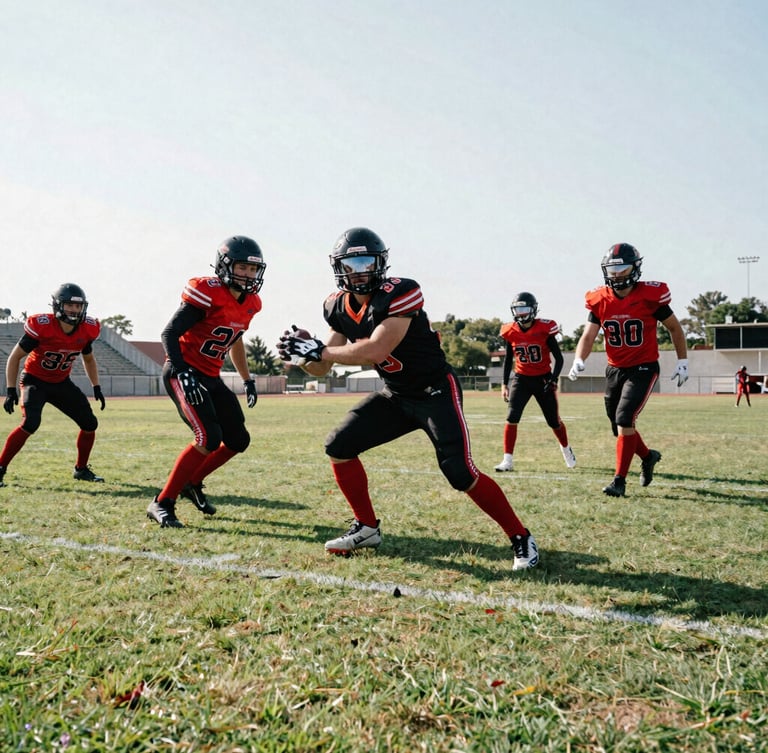 Dynamic low-angle action shot of local football players in red and black kits on a grass pitch, natural daylight, 35mm film grain