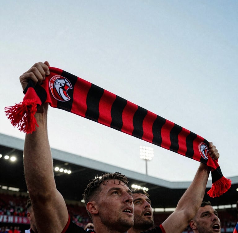 Dynamic close-up of a red and black football scarf held high by passionate hands in the stands, stadium floodlights in the background, high-contrast natural daylight, 35mm film grain