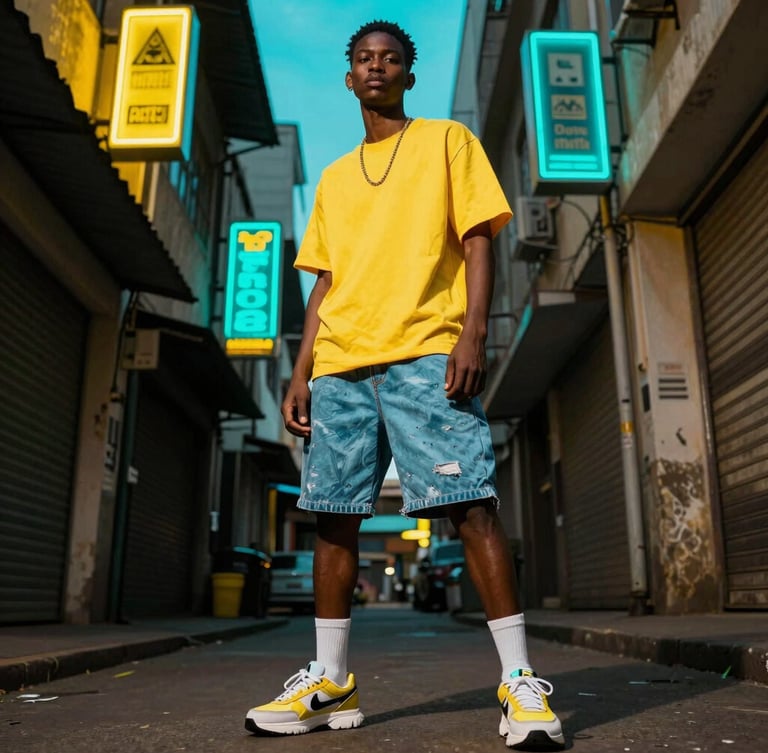 Dynamic low-angle outdoor shot of a modern streetwear model standing in a Nairobi alleyway, neon signs glowing in cyber yellow and cyan, high-contrast flash lighting, raw urban vibe.