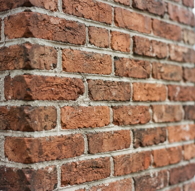 Close-up of freshly tuckpointed brick chimney facade on a historic Utah home, natural daylight, sharp focus on mortar texture, warm terracotta tones, 35mm