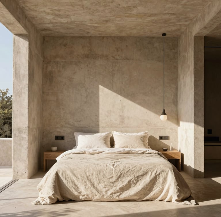 Straight-on architectural shot of a sun-drenched concrete suite interior, sharp geometric shadows, warm sand tones, minimalist linen bedding, editorial 35mm.