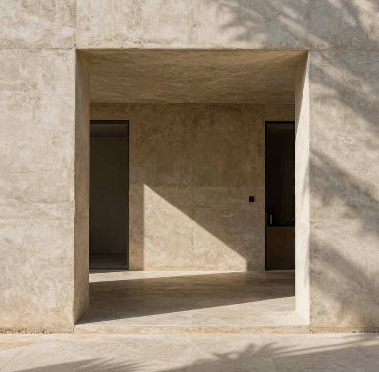 Straight-on architectural shot of a minimalist concrete suite interior, sun-drenched linen textures, sharp geometric shadows, warm sand tones.