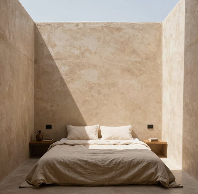 Straight-on architectural photograph of a minimalist Aegean suite interior, warm sand-colored concrete walls, sharp geometric shadows cast by bright Mediterranean sunlight, linen textures on a low bed.
