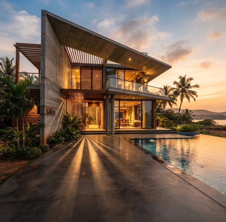 Dramatic wide-angle architectural shot of a luxury villa exterior in Goa at golden hour, low-angle perspective, casting long shadows, premium materials like polished concrete and local wood visible.