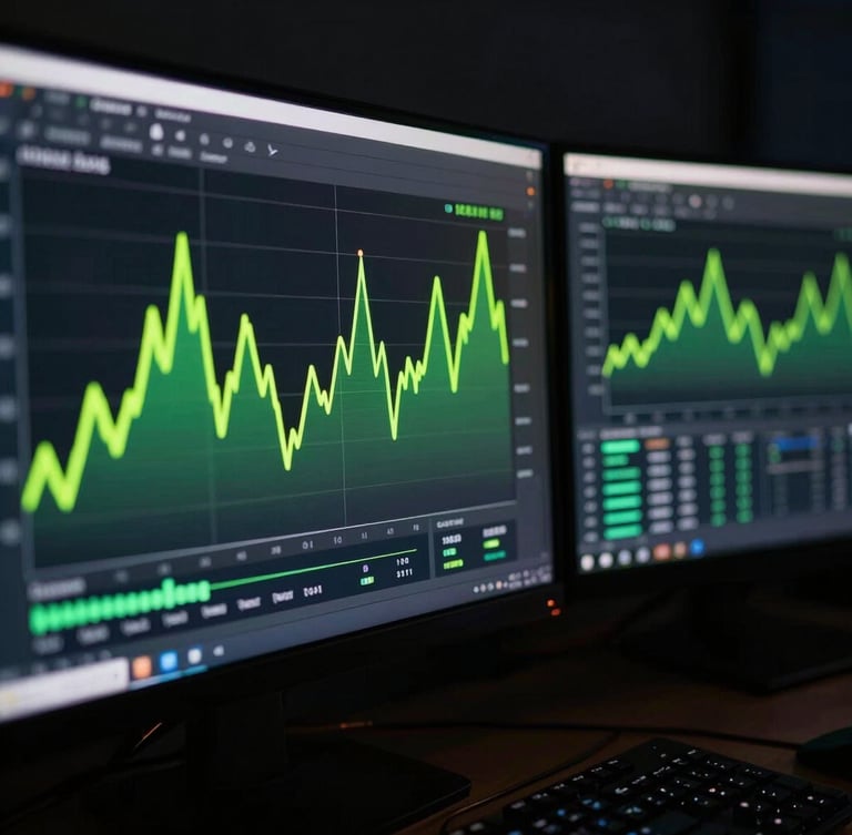 Moody dark-mode tech photography of dual-monitor setup showing live Meta Ads manager with bright neon green positive trend lines, sharp focus, cinematic depth of field