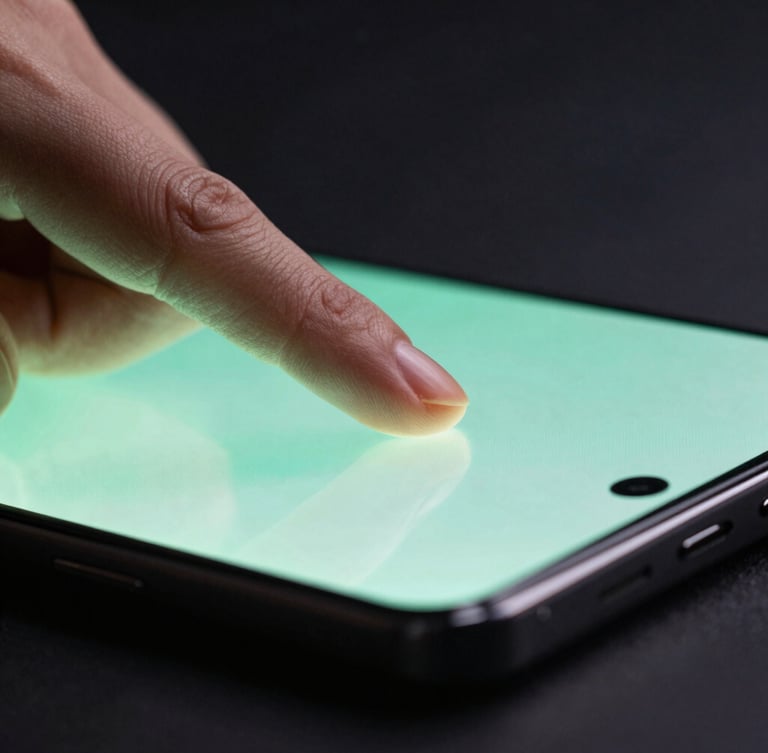 Extreme close-up macro shot of a finger touching a high-refresh-rate OLED screen of a modern Android flagship phone. Soft phosphor green light glows from the screen, casting realistic ambient light on the hand. Shallow depth of field, dark moody studio setting.
