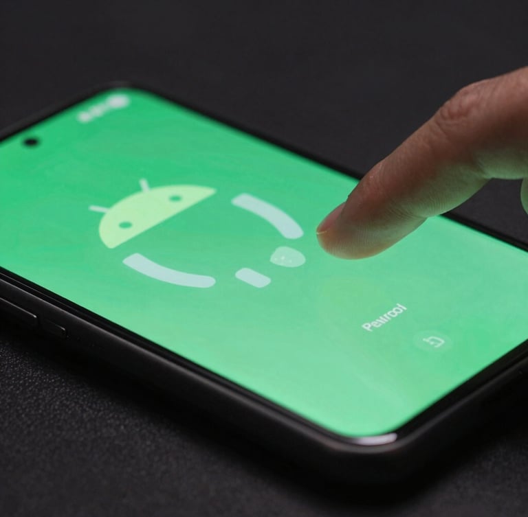 A macro close-up shot of a modern bezel-less Android phone displaying a fluid green glowing interface, fingers interacting with the screen, shallow depth of field, moody low-key studio lighting.
