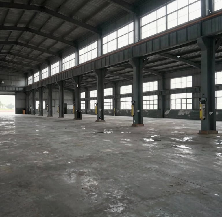 Wide panoramic interior of a large vacant warehouse in an industrial zone near Vadodara, overcast daylight streaming through high clerestory windows, concrete floor stretching into deep background, loading bay doors visible to the far left, industrial scale and emptiness foregrounded