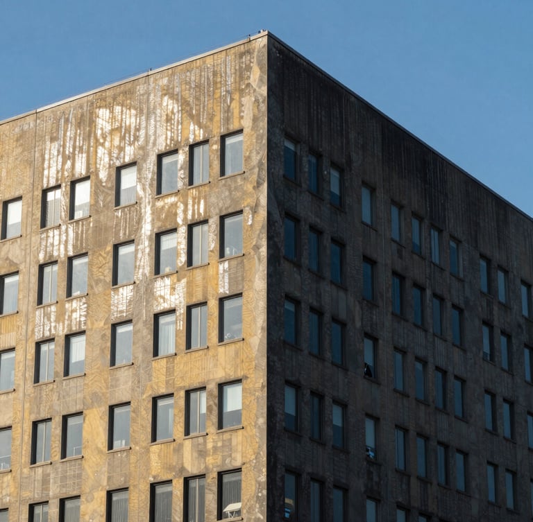 A high-altitude industrial building facade, half perfectly cleaned and sparkling, the other half covered in dark urban dust, sharp dividing line, dramatic daylight, 35mm lens