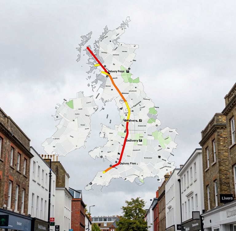 A high-contrast digital map of Bristol, UK, with highlighted delivery routes and postcode boundaries overlaying desaturated urban streets, 35mm lens look