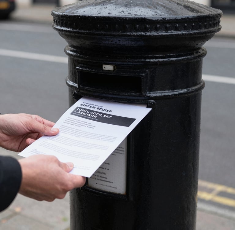 Close-up of hands delivering a high-quality printed flyer through a classic British black metal letterbox, high contrast, overcast natural daylight, desaturated urban tones, 35mm lens.