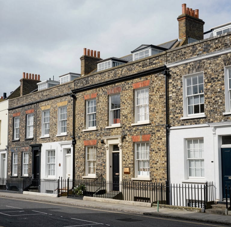 Street-level view of traditional Bristol terraced houses on Easton Road under an overcast sky, natural daylight, desaturated brick and asphalt tones, 35mm lens.