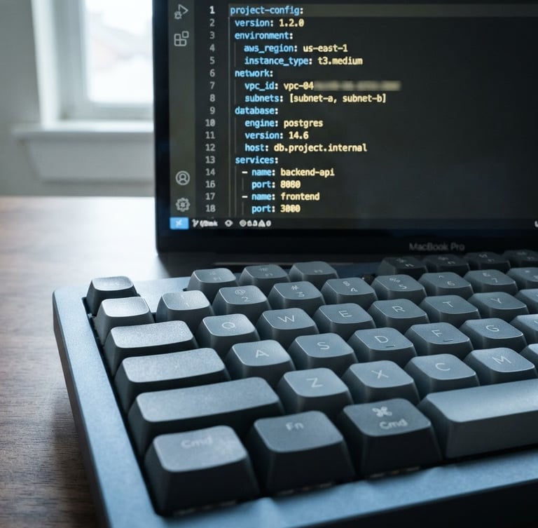 Macro close-up of a clean code editor displaying structural configuration files, cool daylight reflecting on a modern mechanical keyboard, slate and blue tones, sharp focus, 35mm lens.