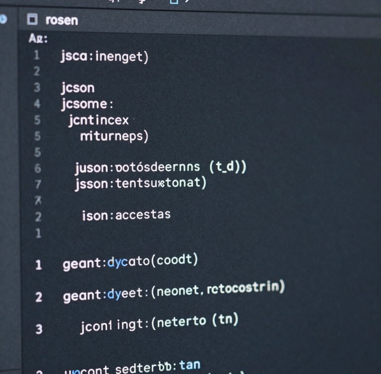 Macro close-up of a clean code editor displaying structured JSON configuration, cool natural daylight, desaturated slate and blue tones, sharp focus