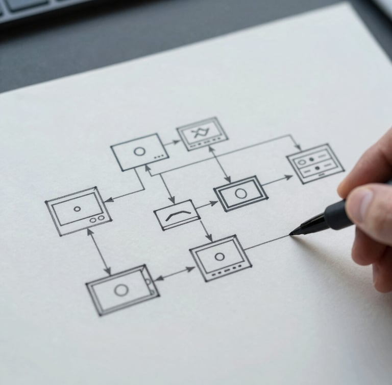 A hand sketching a clean system architecture diagram on a matte white surface, fine-line black marker, minimalist tech setup, cool natural daylight, desaturated slate tones.