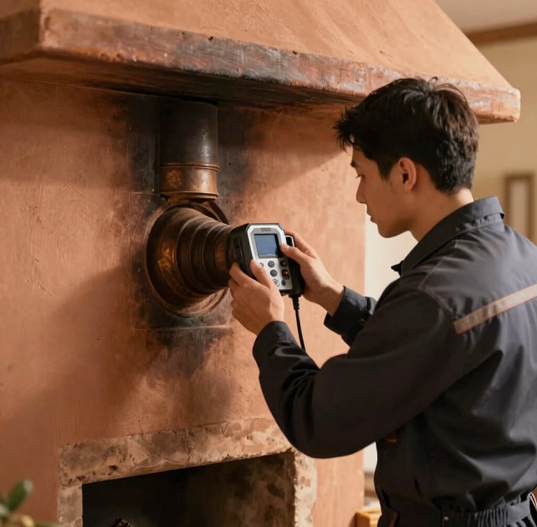 A professional chimney technician in a neat uniform operating a modern diagnostic camera inside a clean fireplace flue, focused hands, warm lighting
