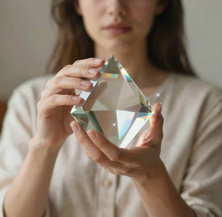 Soft-focus portrait of a woman in a linen dress holding a crystal prism, warm natural light leaks, iridescent lens flare, shallow depth of field.
