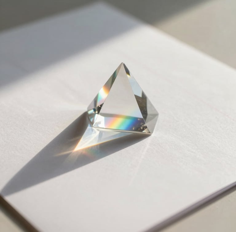 A crystal prism casting a soft rainbow light leak across a clean, minimalist paper birth chart, warm diffused morning sunlight, shallow depth of field.