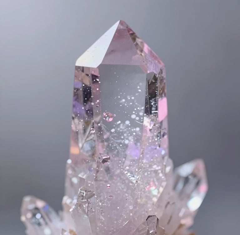 Soft diffused light refracting through a clear quartz crystal, pastel lavender and pink light leaks, ethereal dreamy atmosphere, shallow depth of field.
