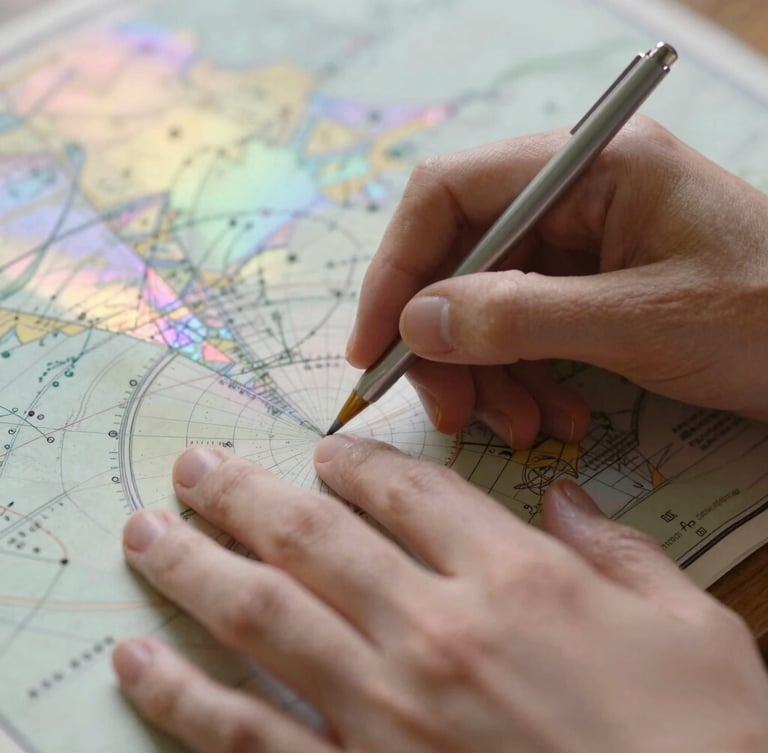 Portrait close-up of delicate hands tracing an astronomical map, soft-focus, warm light leaks, iridescent pastel overlays.