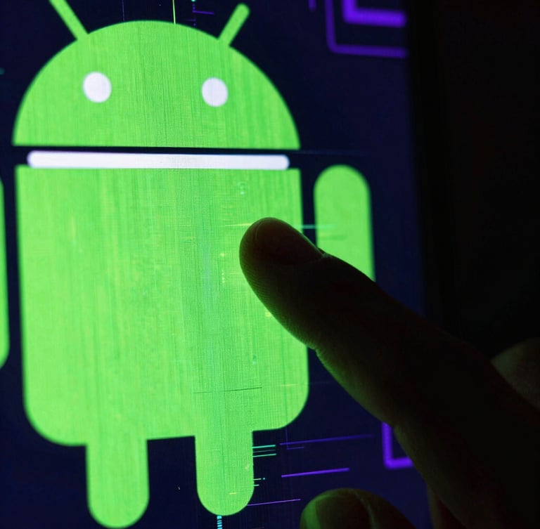 Extreme close-up macro shot of a finger tapping a glowing neon green Android screen, dark ambient cyberpunk background, high-contrast digital glitch texture, 35mm
