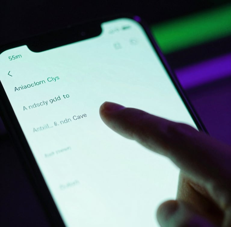 Extreme close-up macro shot of a finger tapping a glowing Android screen displaying a minimalist terminal interface, intense neon green ambient light, dark cyberpunk developer setup, 35mm