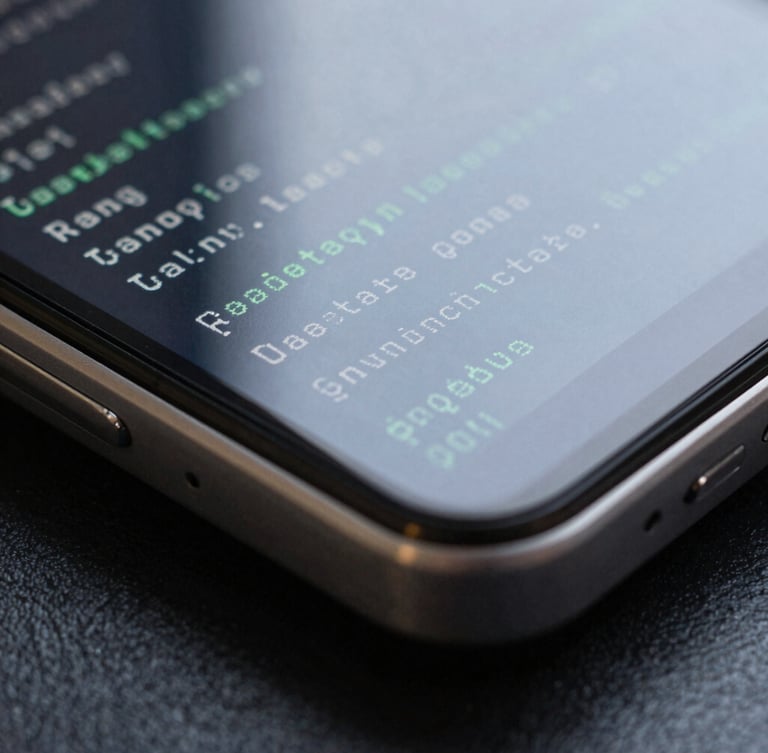 Extreme macro close-up of a premium aluminum Android device bezel, displaying a high-contrast monospaced system diagnostic interface, cool diffused northern daylight, sharp geometric shadows.