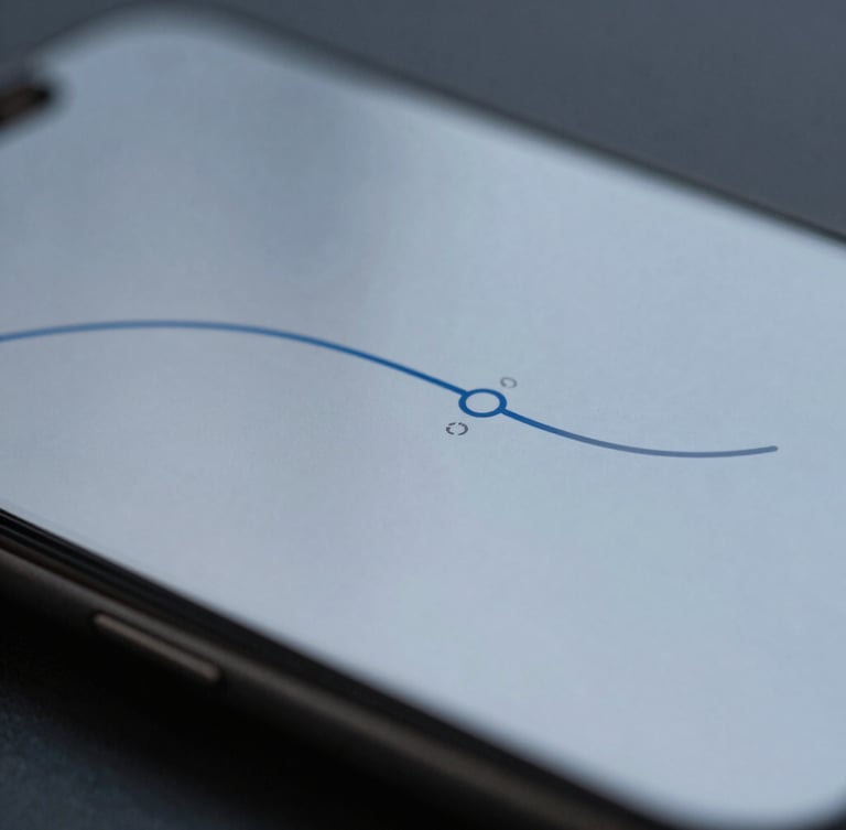 Macro close-up of a high-fidelity Android UI displaying a fluid tactile animation curve, cool diffused northern daylight, sharp glass reflection.