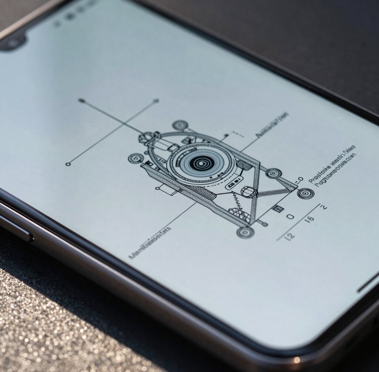 Macro close-up of a premium aluminum Android device screen displaying high-fidelity engineering schematics, cool diffused northern daylight, sharp geometric shadows, high contrast.