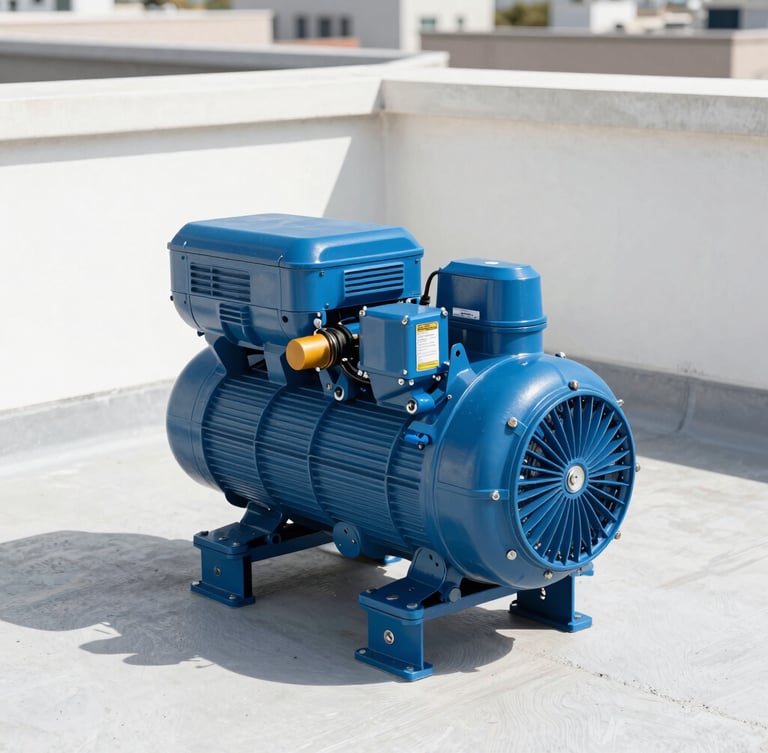 Crisp commercial photography of a modern high-efficiency HVAC compressor unit installed on a clean Mexican rooftop, bright natural sunlight, high-contrast blue tones, sharp focus, 35mm