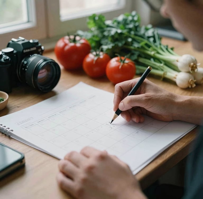 Candid agency work scene with hands sketching a content calendar on crisp parchment next to a camera and fresh ingredients, soft morning window light, 35mm film