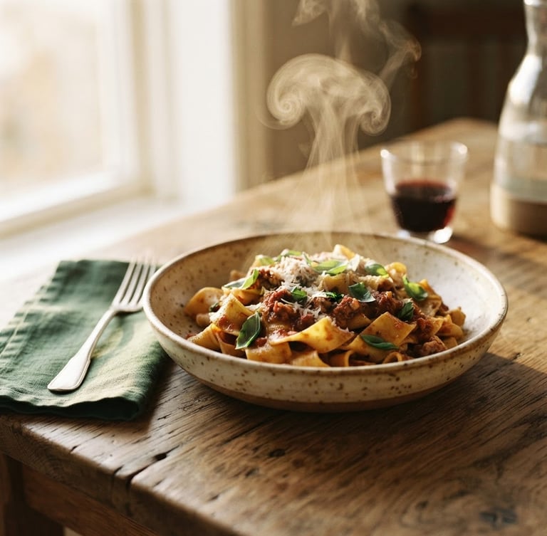 Close-up of steam rising from a bowl of handmade pasta on a rustic wooden table, warm natural Scandinavian side-light, shallow depth of field, 35mm film