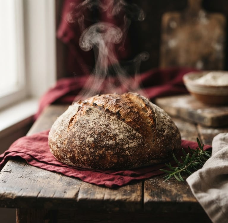Close-up of steam rising from a fresh sourdough loaf on a dark wooden table, soft natural side-light, rich crimson tones, shallow depth of field, 35mm film