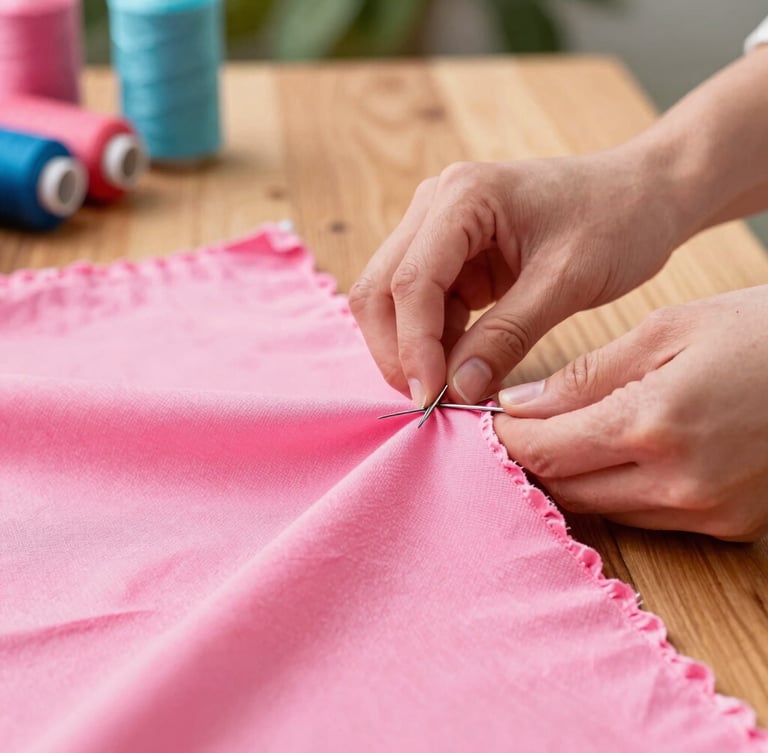 Hands of an artisan carefully cutting vibrant pink fabric on a warm wooden table, sewing needles and colorful threads visible, soft daylight