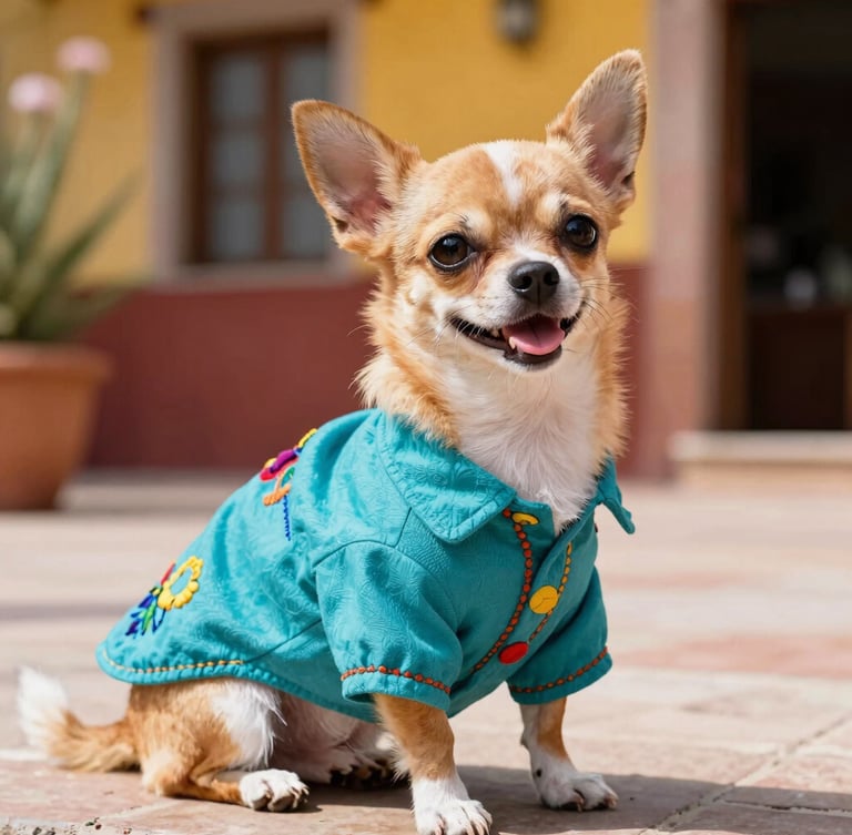 A happy small chihuahua wearing a colorful hand-stitched turquoise shirt, sitting proudly in a warm sunlit Mexican patio, 50mm lens, sharp focus on fabric texture
