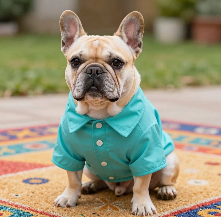 A cute french bulldog sitting proudly on a colorful rug, wearing a perfectly fitted custom-tailored turquoise shirt, warm lighting, sharp focus