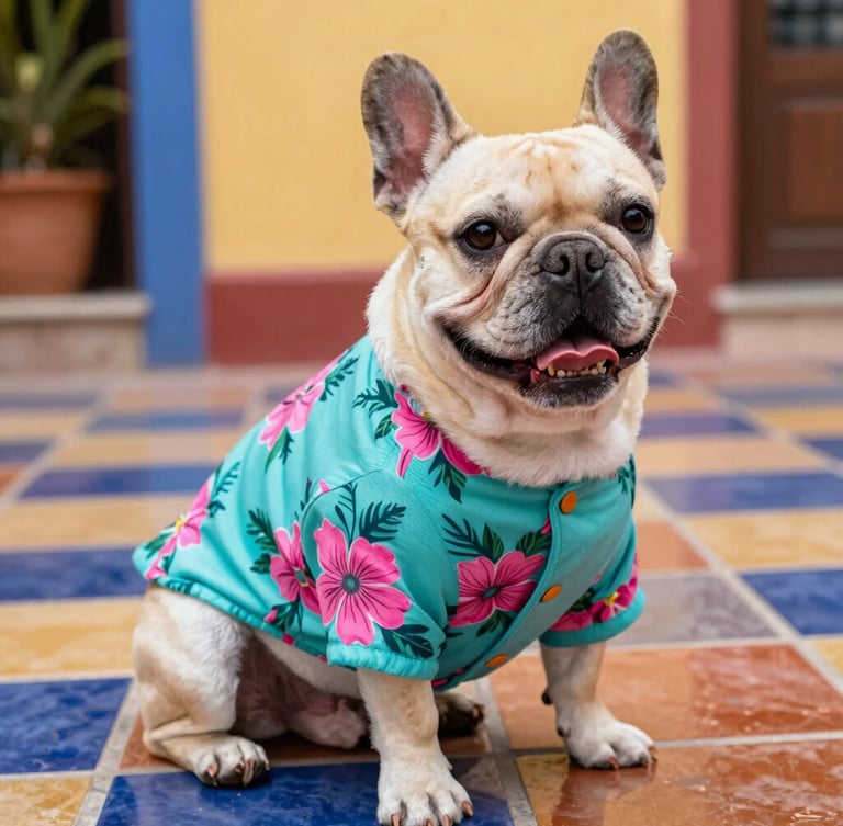 A happy French Bulldog wearing a vibrant turquoise and pink floral pet shirt, sitting proudly on a colorful tiled Mexican patio, warm natural daylight, sharp focus on fabric texture, 50mm lens