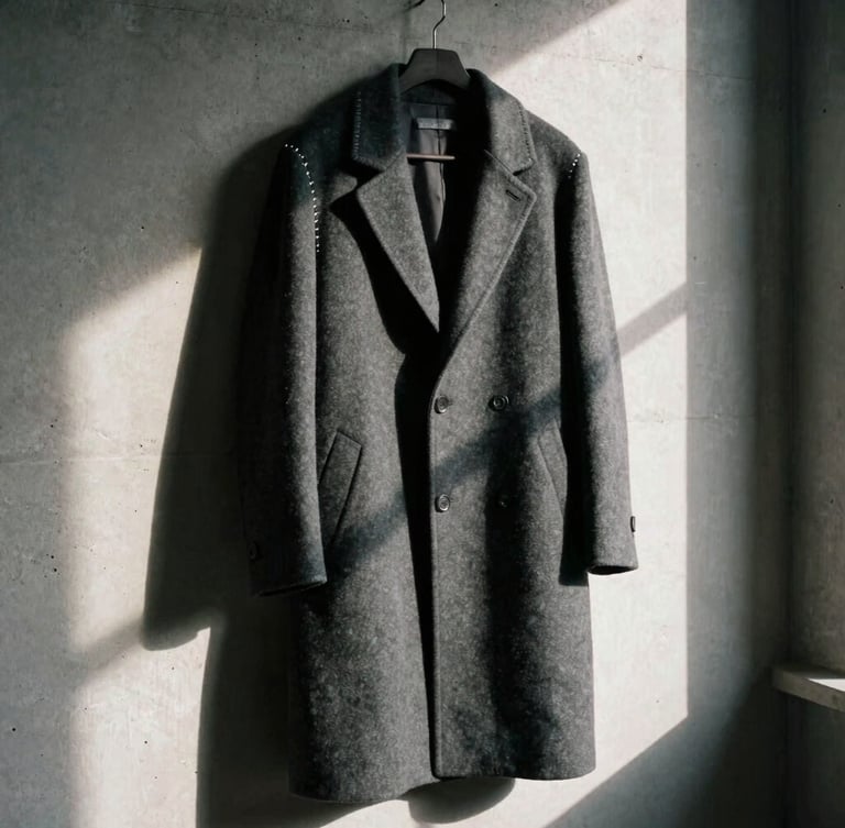 Moody editorial fashion photography, high-contrast directional window light, deep shadows. A structured charcoal wool coat hanging on a raw concrete wall, highlighting the single-needle stitching and unstructured shoulder.