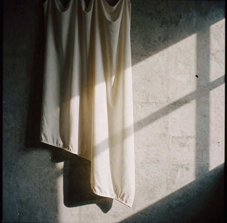 Moody editorial fashion photography of raw concrete walls and hanging raw silk fabric, high-contrast directional window light, deep shadows, desaturated neutral tones, 35mm film.
