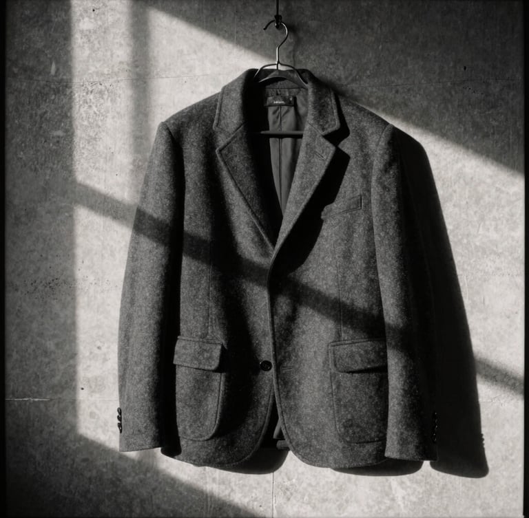 Moody editorial fashion photography, high-contrast directional window light casting deep shadows on a structural shoulder of a charcoal wool jacket hanging against a raw concrete wall, desaturated neutral tones, 35mm film.
