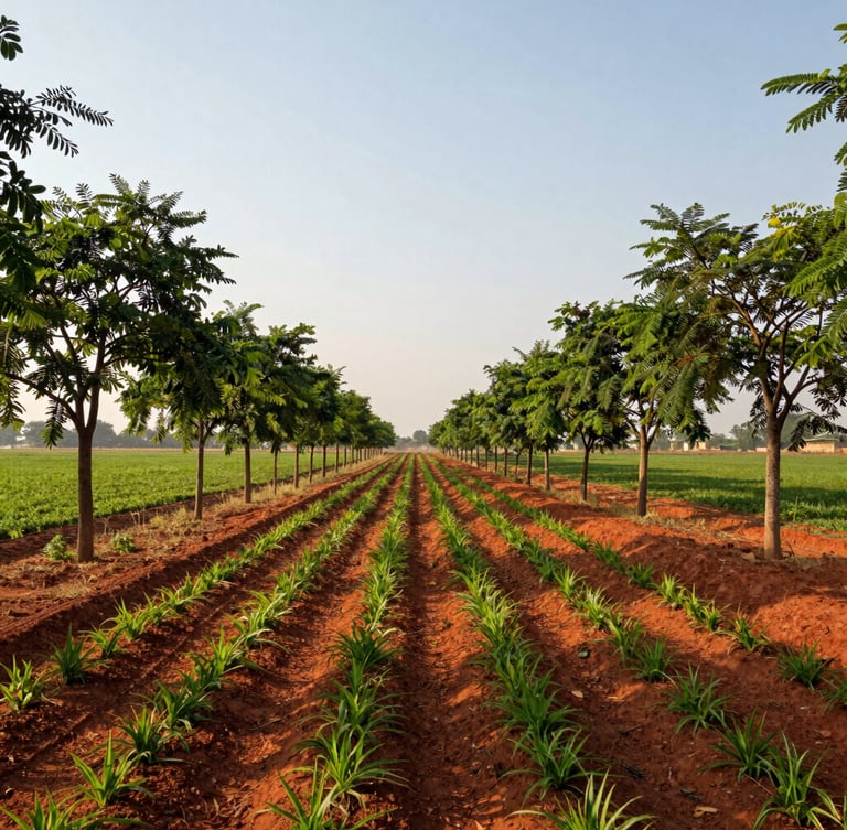 Lush green managed farmland plot near Hyderabad, neatly lined with young mahogany trees, warm morning light casting long shadows across rich red soil, wide-angle landscape shot.