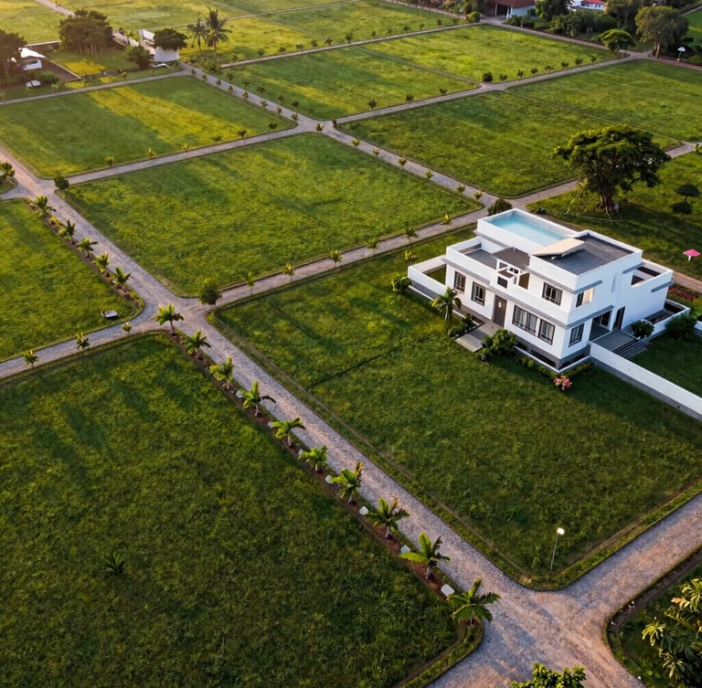 Expansive aerial drone shot of neatly demarcated, lush green gated farm plots near Shadnagar, Hyderabad. Neatly aligned sandalwood saplings line the gravel pathways, with a modern white 1BHK farmhouse visible on one plot under warm golden hour sunlight.