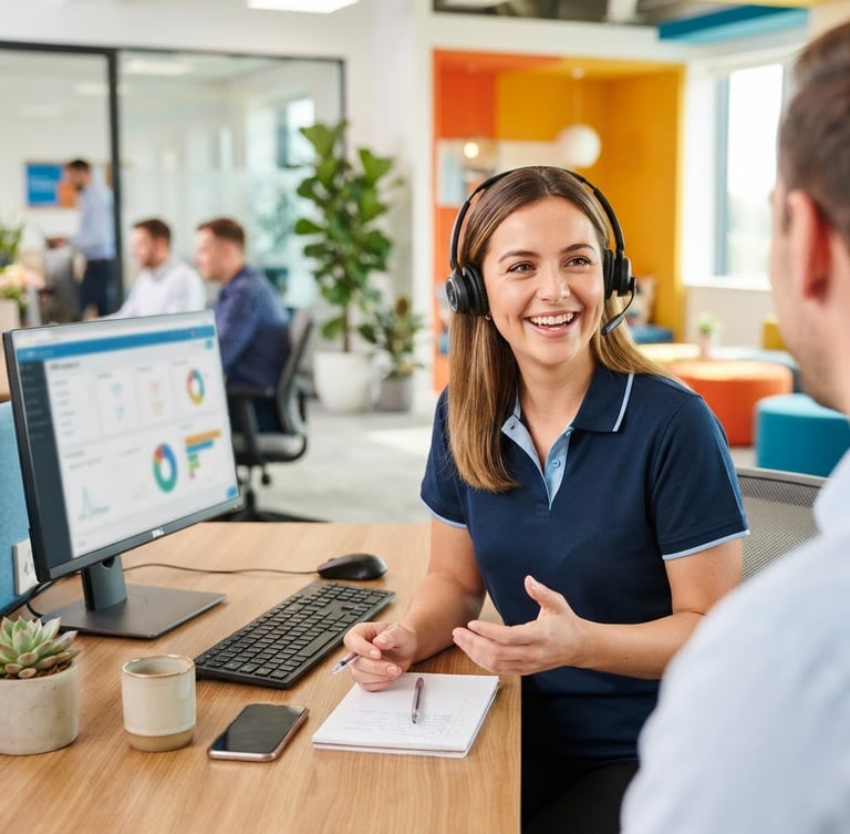Friendly customer service representative smiling, wearing a headset, in a modern office environment, bright studio lighting, sharp focus, vibrant saturated colors.