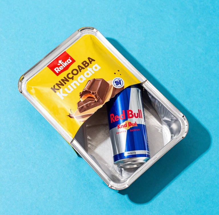 Overhead flatlay of an open package revealing imported Kunafa chocolate and a Red Bull can nestled in temperature-controlled packaging material, bright studio lighting, vibrant saturated colors, clean modern backdrop.