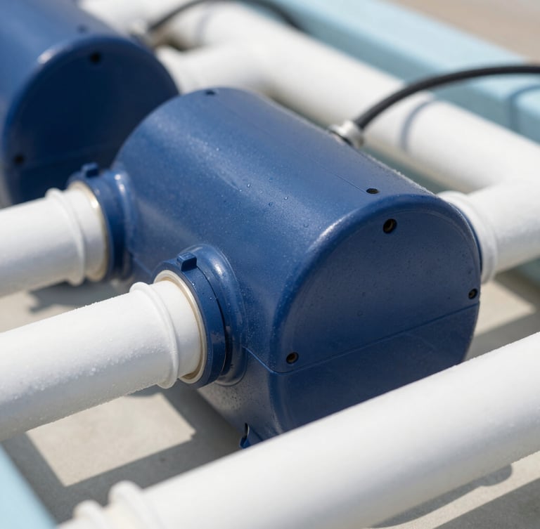 Macro shot of modern pool filtration equipment and clean pipes in a technical room, sharp focus, professional lighting