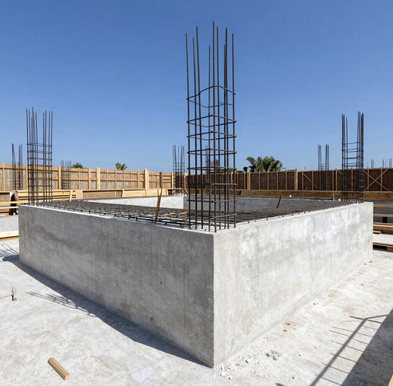 Architectural pool construction site, clean concrete formwork, steel reinforcement grids under bright midday sun, precise engineering details
