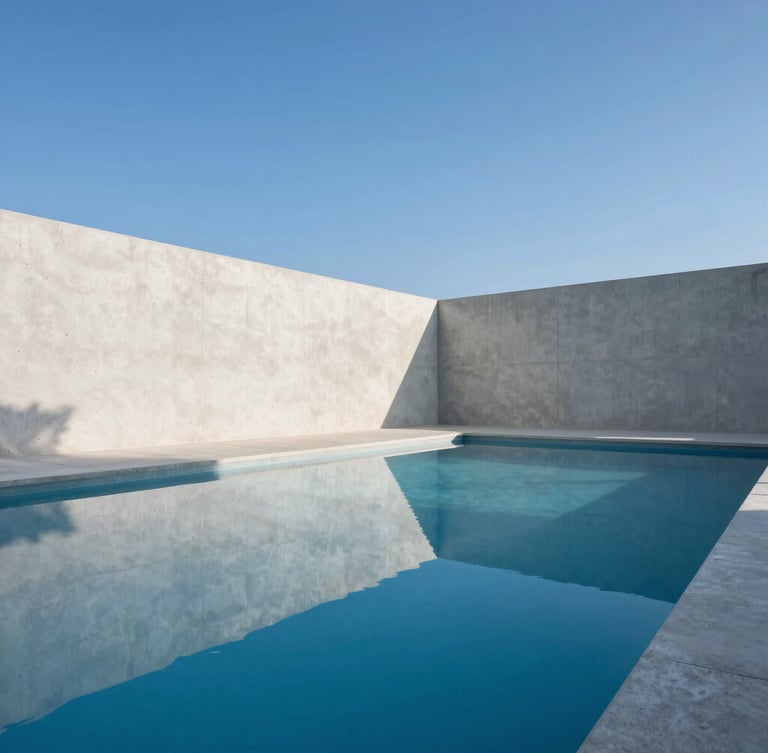 Crisp architectural photography of a minimalist concrete pool at twilight, sharp focus, reflection of clean blue water, wide-angle lens